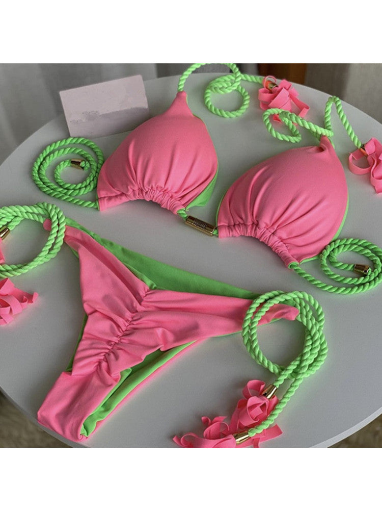 New backless braided rope bikini triangle swimsuit European and American multicolor swimwear