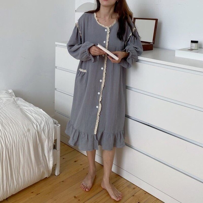 QWEEK Cotton Sleepwear Women Korean Nightdress Autumn Long Dress Nightgown Lace Nightie Long Sleeve Nightwear Female Loungwear