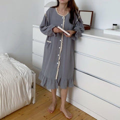 QWEEK Cotton Sleepwear Women Korean Nightdress Autumn Long Dress Nightgown Lace Nightie Long Sleeve Nightwear Female Loungwear
