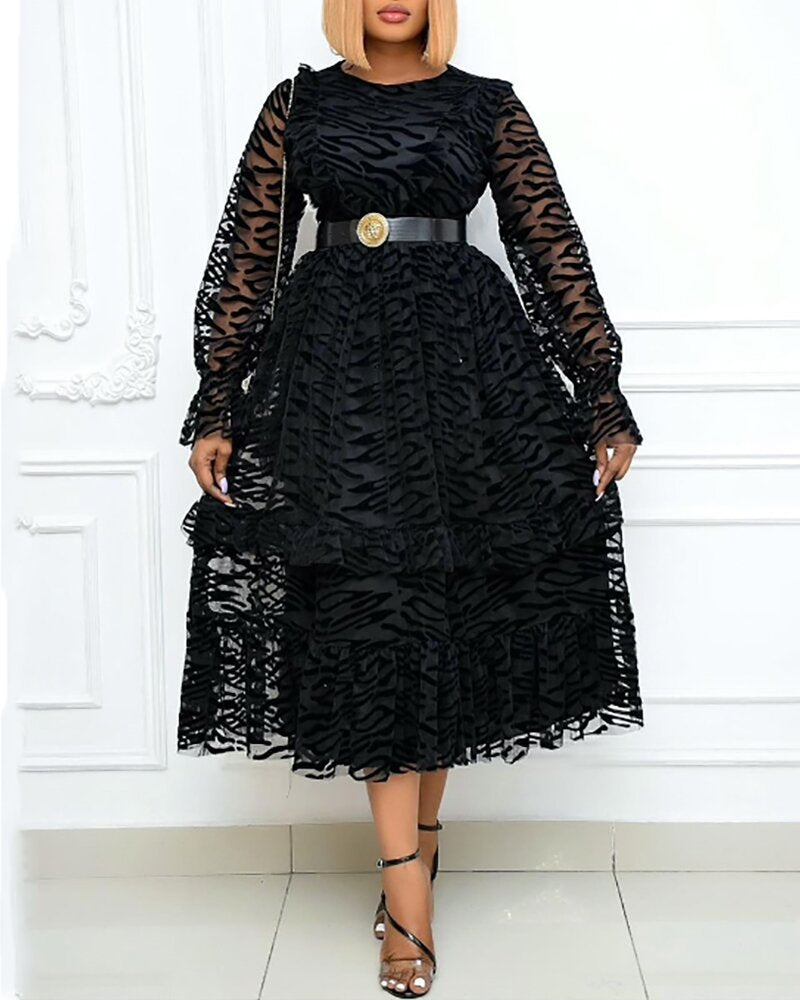 New style mesh flocking elegant large skirt with wooden ears large size dress (not including belt)