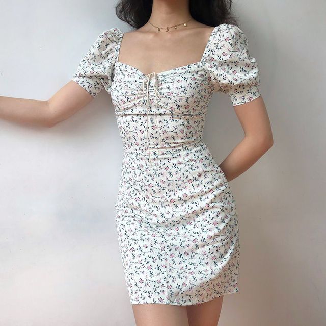 Y2K Floral Mini Skirt Ladies Strap Lace Puff Sleeve Summer Dress Skinny Slim Bodycon Prom High Waist Retro Dress Ladies 3X24