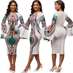 European and American dress sexy fashion digital printing V-neck long-sleeved women's dress