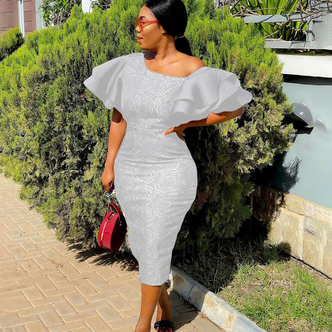 Off-the-shoulder temperament Tongle lace stitching high waist banquet dress skirt African dress