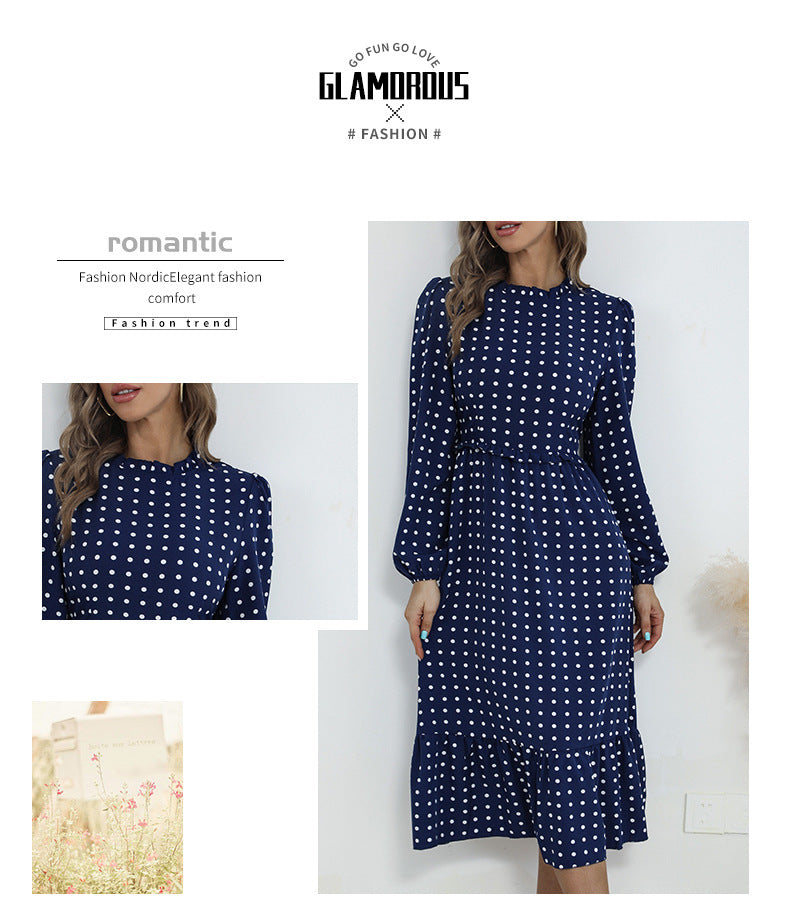 بوهو فانوس كم طويل البولكا نقطة مطبوعة ميدي فستان المرأة أنيقة خمر الوقوف طوق سبليت الخريف فستان رداء فام