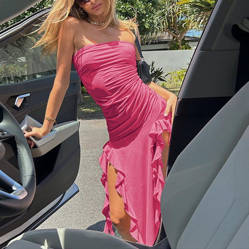 Y2K Sexy Pleated Midi Skirt 2023 Summer Women Street Strapless Backless Tassel Split Robe Bodycon Beach Party Black Dress