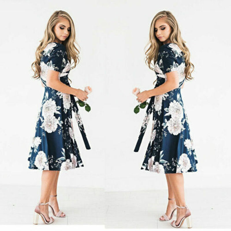 حار أزياء المرأة الأزهار قصيرة الأكمام اللباس المرأة بوهو طويل الصيف حزب طباعة اللباس 