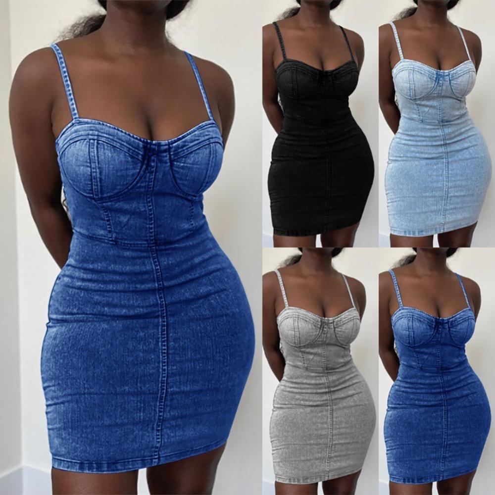 Women Sexy Solid Color Denim Dress Spaghetti Straps Waist Tight Bodycon Mini Dress