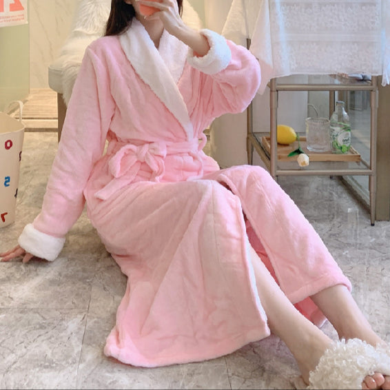 Women's  -end autumn and winter long-sleeved flannel nightgown thick solid color mid-length home service