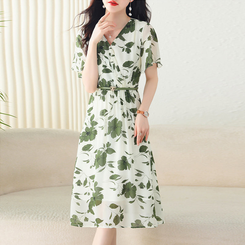 Sui La V-neck age-reducing chiffon floral  waist dress women's summer temperament  and meat-covering long skirt