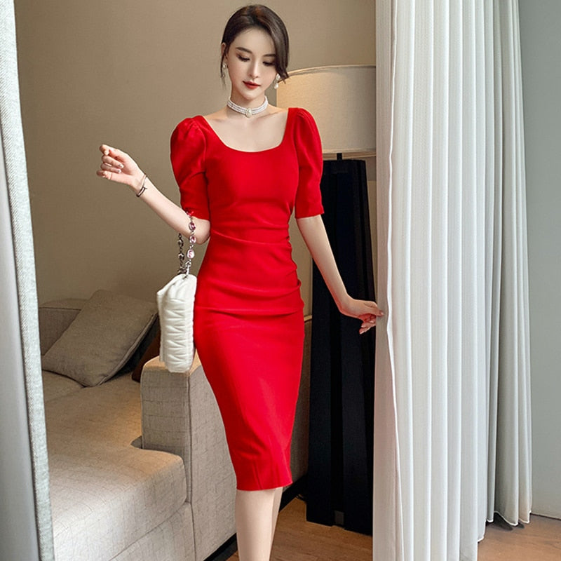French Style Vintage Square Collar Puff Sleeve Midi Party Dress Ladies OL Elegant Streetwear Backless Female Bodycon Split Dress