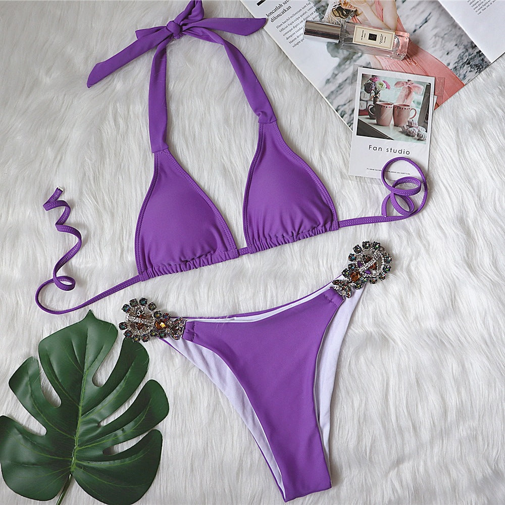 European and American sexy bikini plain color female split strap luxury crystal diamond swimsuit metal accessories swimsuit