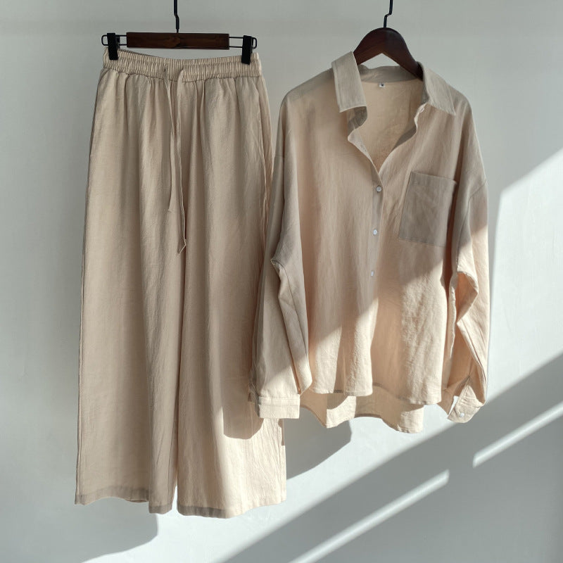 European and American cotton linen shirt high waist loose trousers suit