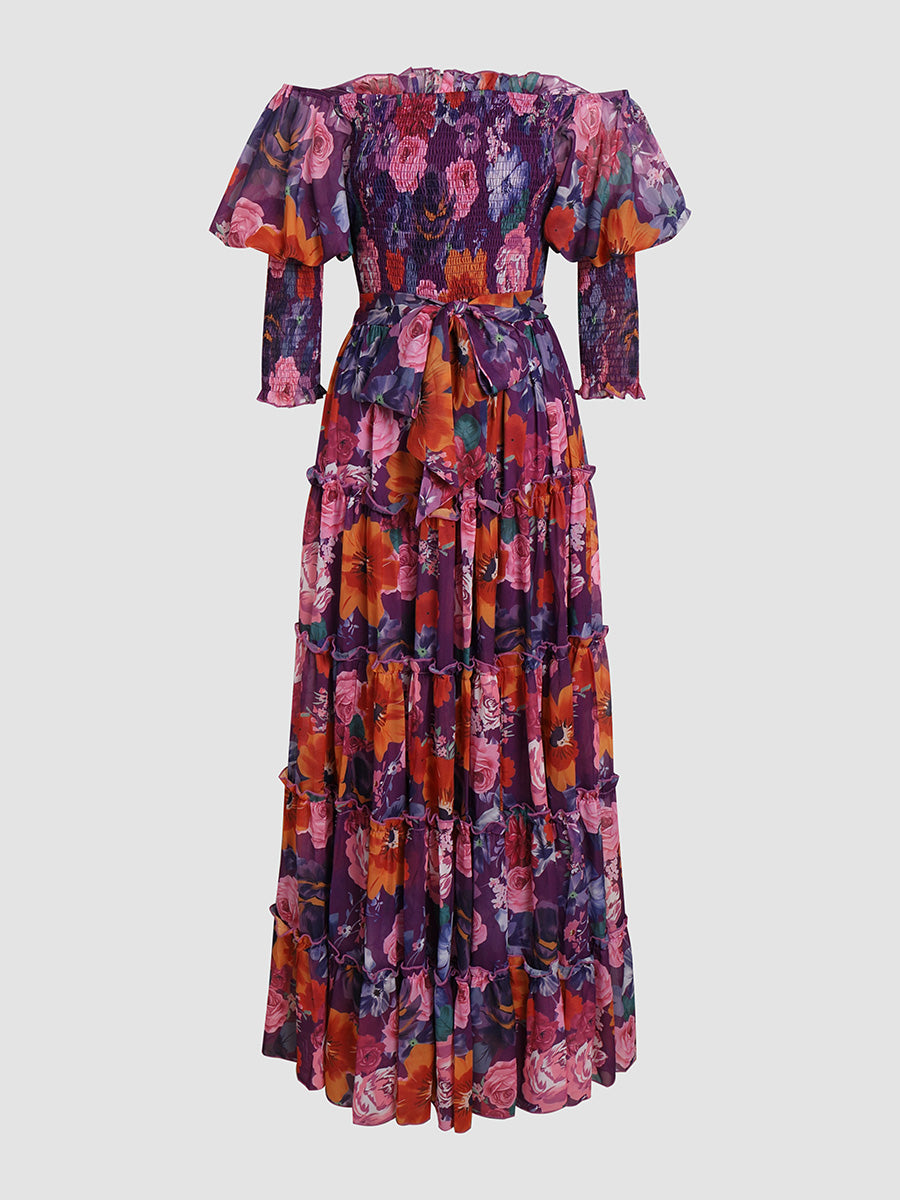 Floral-print one-shoulder chiffon dress
