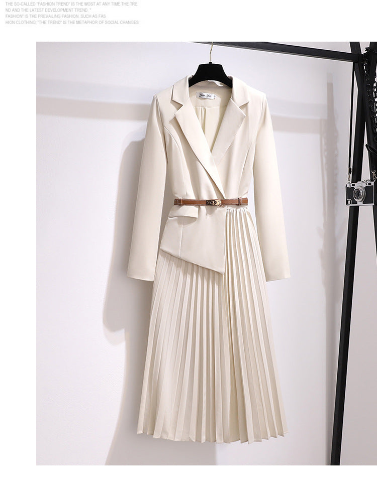 Temperament Dress 2023 Spring and Autumn New Suit Jacket Waist  Stitching Pleated Skirt OL Commuter Skirt