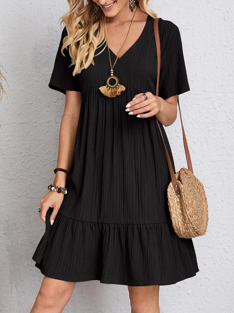 Women Vintage Mini Dresses 2023 Summer Solid Casual V Neck Ruffles Dress Ladies Boho Loose Beach Party Elegant Dresses Vestidos