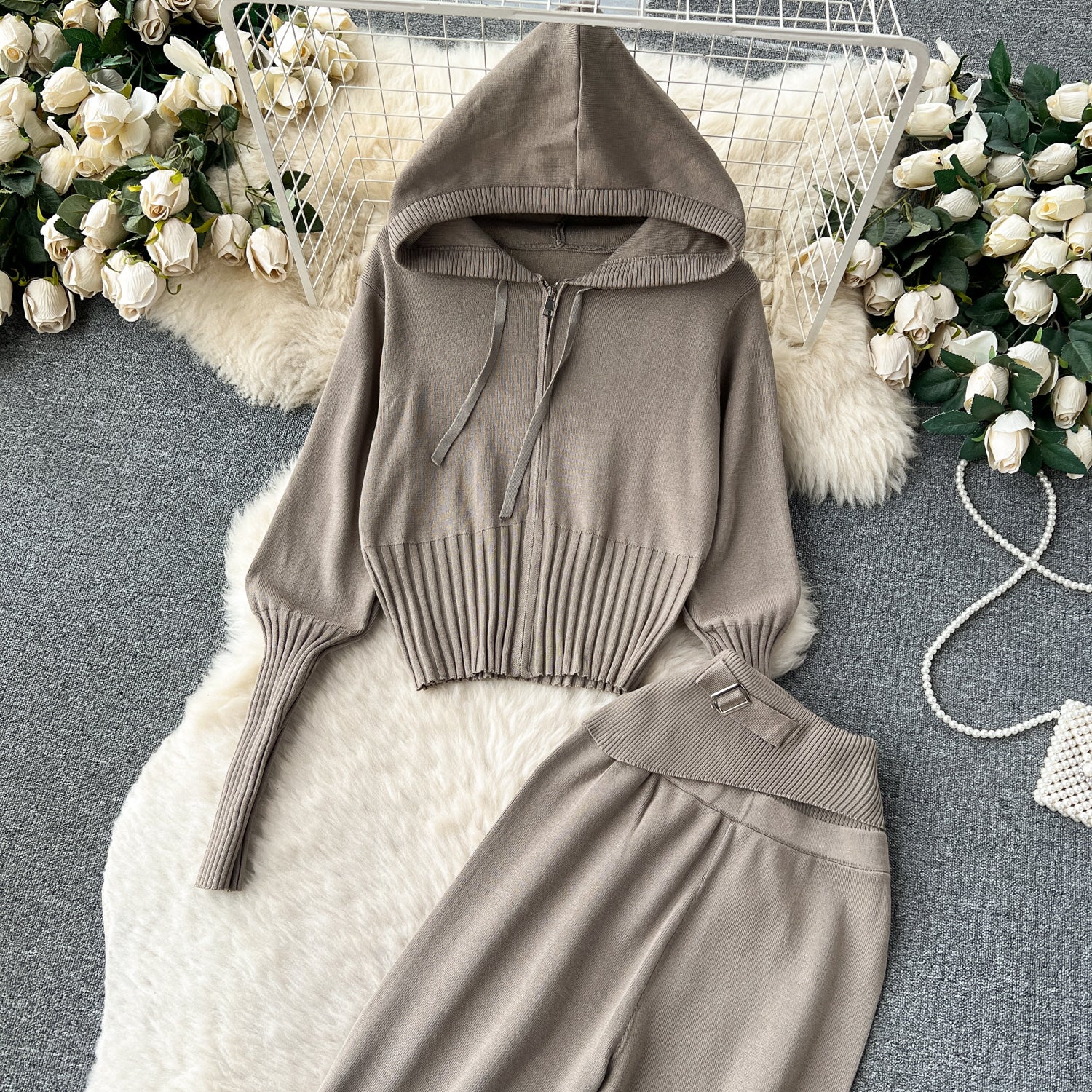 Autumn and winter European and American style minimalist solid color  hooded top +  waisted  trousers casual two-piece set