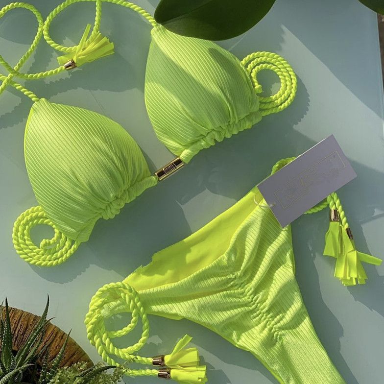 2022 spot European and American foreign trade bikini new special fabric solid color braided swimsuit multicolor bikini wholesale