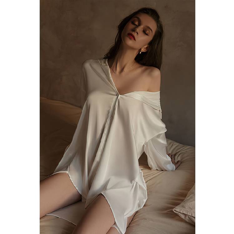 Maison Gabrielle 2021 New Silk Sexy Boyfriend Shirt Dress Nightdress Nightgown Sleepdress Nightwear Plus Size Lingere Women