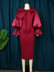 Women Long Sleeve Bodycon Dress with Bow Collar Slim Sheath Elegant Classy Office Ladies Date Out Event Large Size Female Gowns