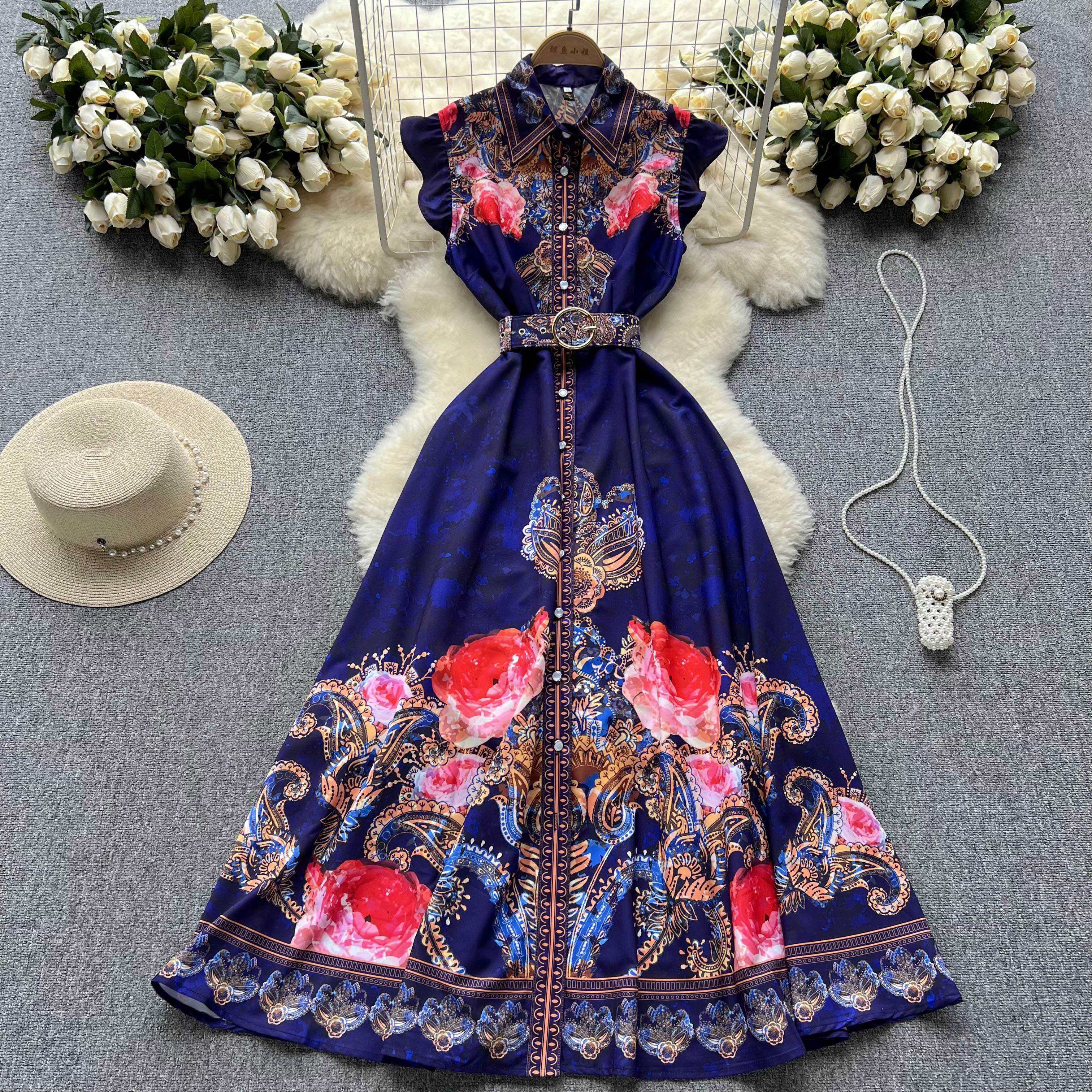 Retro Palace Style Lapel Printed Elegant Dress Female Summer