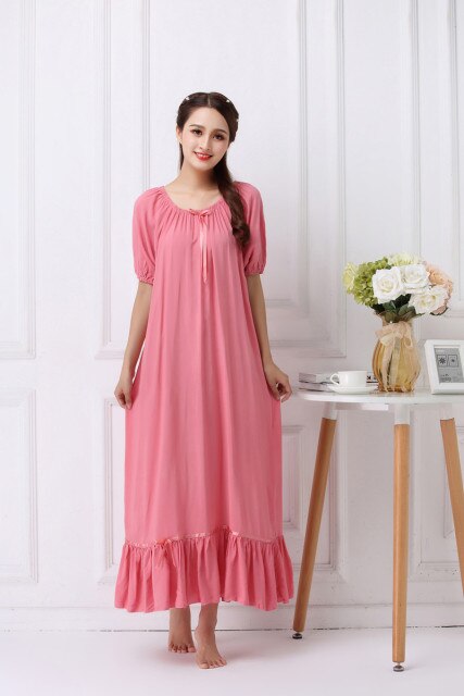 Summer Cotton Nightdress Women Korea Style Elastic Collar Short Sleeve  Long Dresses Nightgown Sleepwear Homewear Female