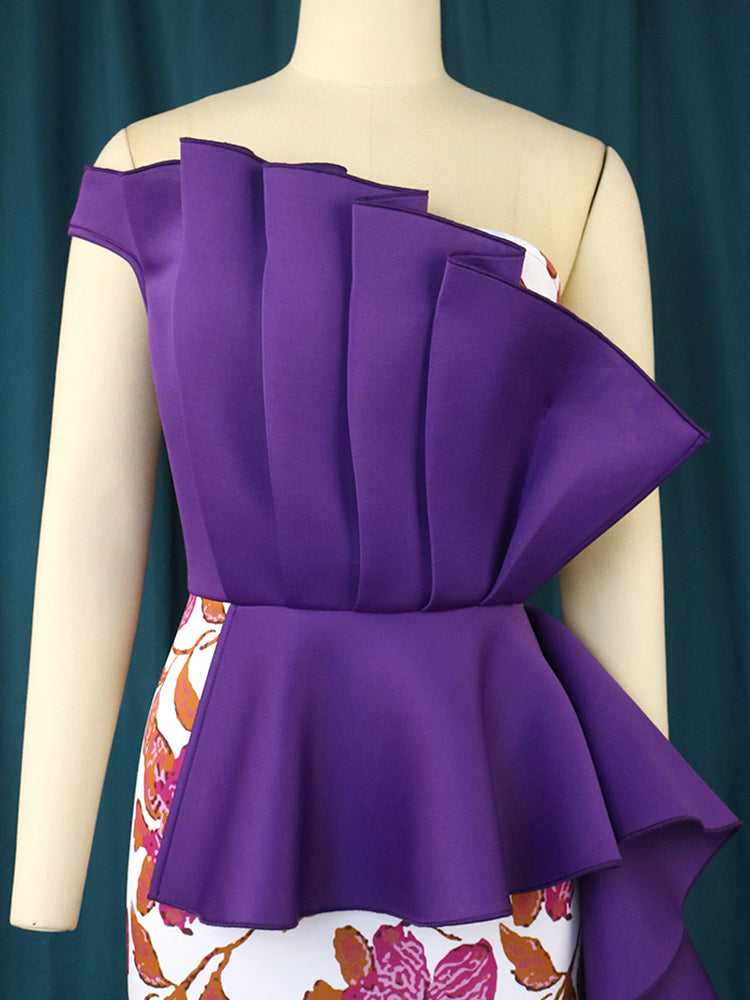 AOMEI Purple Dress Printed Patchwork One Shoulder Ruffles Bodycon Women Evening Birthday Party Event Gowns Large