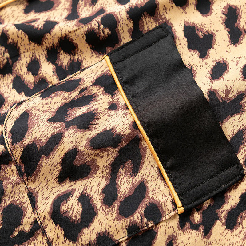 Women's Sexy Leopard Print Pajamas Shirt Collar Short Sleeve Homewear Simulated Silk Nightdress