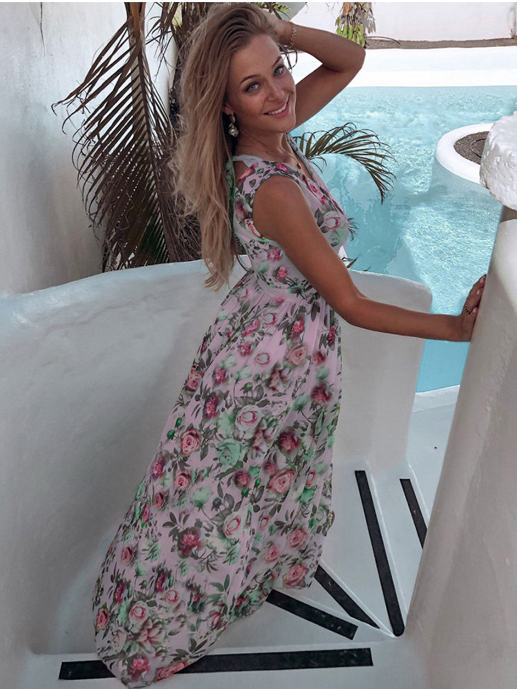 فستان بوهو صيفي شيفون أنيق بياقة على شكل V بدون أكمام وطباعة أنيقة للسيدات فستان كاجوال للعطلات للسيدات رداء للسيدات