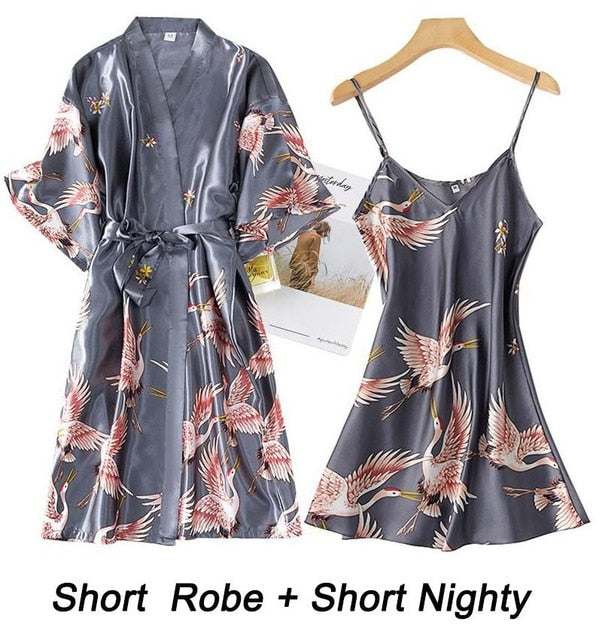 Women Rayon 2PCS Robe Set Bride Bridesmaid Wedding Robe Gown Lace Sexy Kimono Bathrobe Night Dress Casual Nightgown Sleepwear