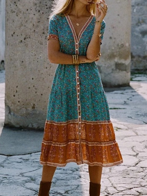 الربيع الصيف بوهو حزام الأزهار طباعة فستان طويل عالية الخصر الخامس الرقبة واحدة الصدر عطلة ميدي فستان امرأة 