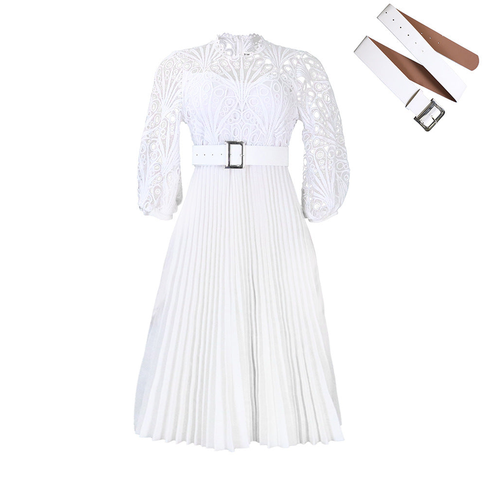 Large size lace crochet sexy  pleated European and American dress dress (with belt)