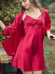 Summer two-piece women's suspender nightdress silk satin nightgown home service
