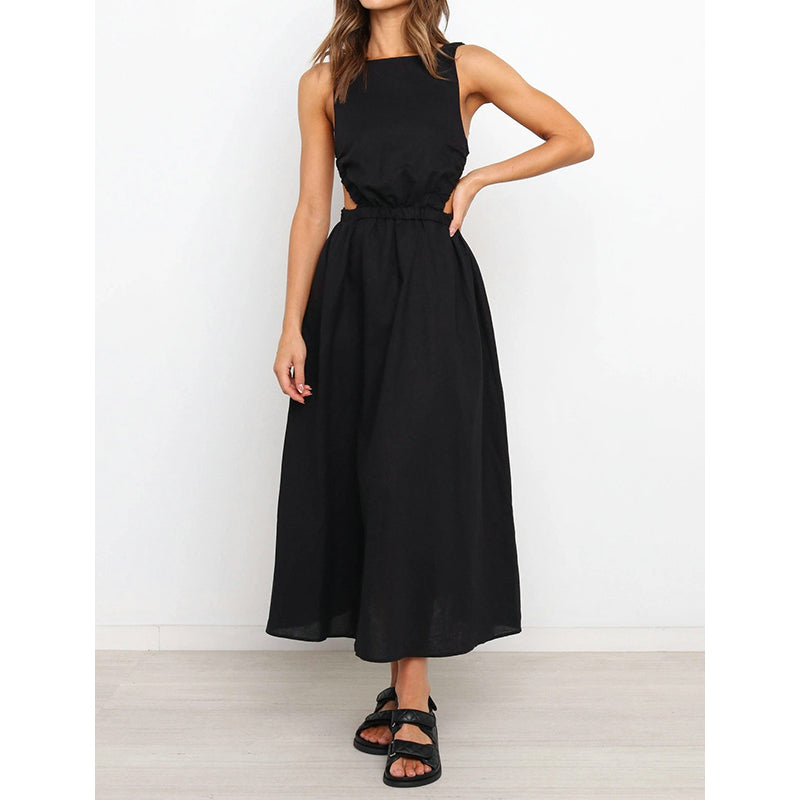 2023 Summer New Women's Fashion Sexy Solid O Neck Sleeveless Backless Hollow Out Tunic Elastic Waist Dress Lady Bodycon