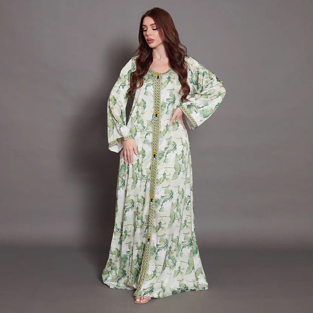 New Middle East  Plus Size Lotus  Print Dress Arab Traditional Women's Robe Jalabiya Dubai Qatar