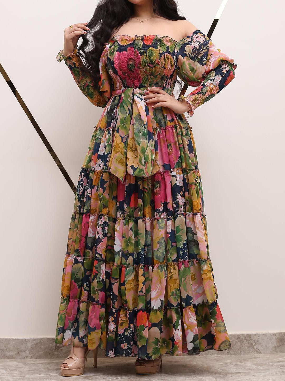 Floral-print one-shoulder chiffon dress