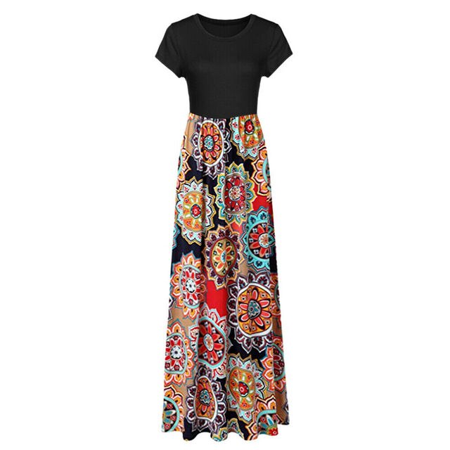 Vintage Floral Print Boho Dresses Women's Long Maxi Dress Party Beach Summer Dress Vestidos Short Sleeve Split Dress