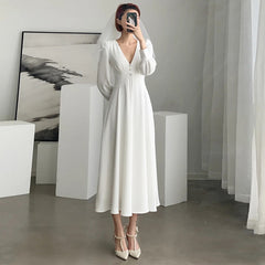 French light wedding dress new autumn long-sleeved  temperament catwalk evening dress photo studio photography dress travel photo light wedding d