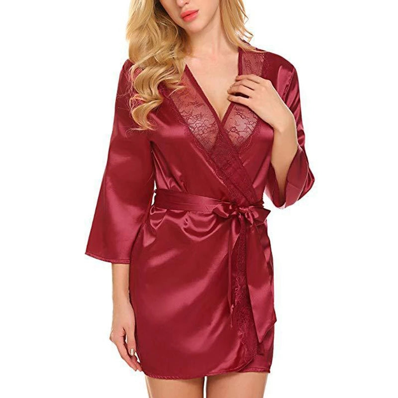Women Satin Robe Sexy Lingerie Nightgown Underwear Deep V Bathrobes Lace Satin Kimono Nightie Bridal Babydoll Pajamas