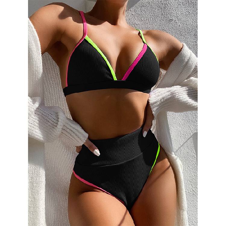 Fashion Color Border Deep V Neck  Lady  Sets Swimsuits Casual  Waist Triangle Halter Bathing Suits Beachwear Biquini