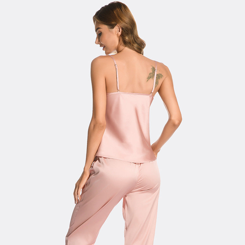 Ladies spring and summer ice silk s exy suspender nightdress nine minutes pants suit lace V-neck simulation silk pajamas women's home service