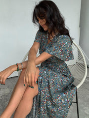 فستان بوهو فرنسي مطبوع عليه زهور للنساء برقبة على شكل حرف v فستان صيفي أنيق برباط