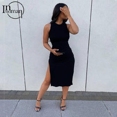 INWOMAN Summer Bodycon Dresses For Women 2021 Sundress Black White Dress Ribbed Knitted Short Wrap Party Ladies Midi Dress