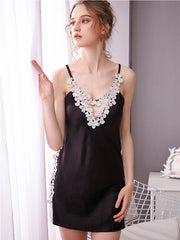 Ladies Fashion Simple Lace Stitching Simulation Silk Nightdress JFSJX1186