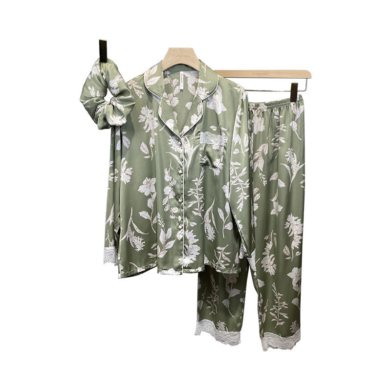 Jiangnanhe 2022 autumn French lace phoenix tail green ice silk long-sleeved trousers home clothes ladies three-piece headband