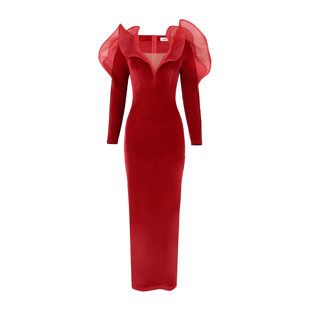 AOMEI Velvet Dress Women Red Christmas Evening Party Deep V Neck Ruffles Long Sleeve High Waist Bodycon Cocktail Event Gowns