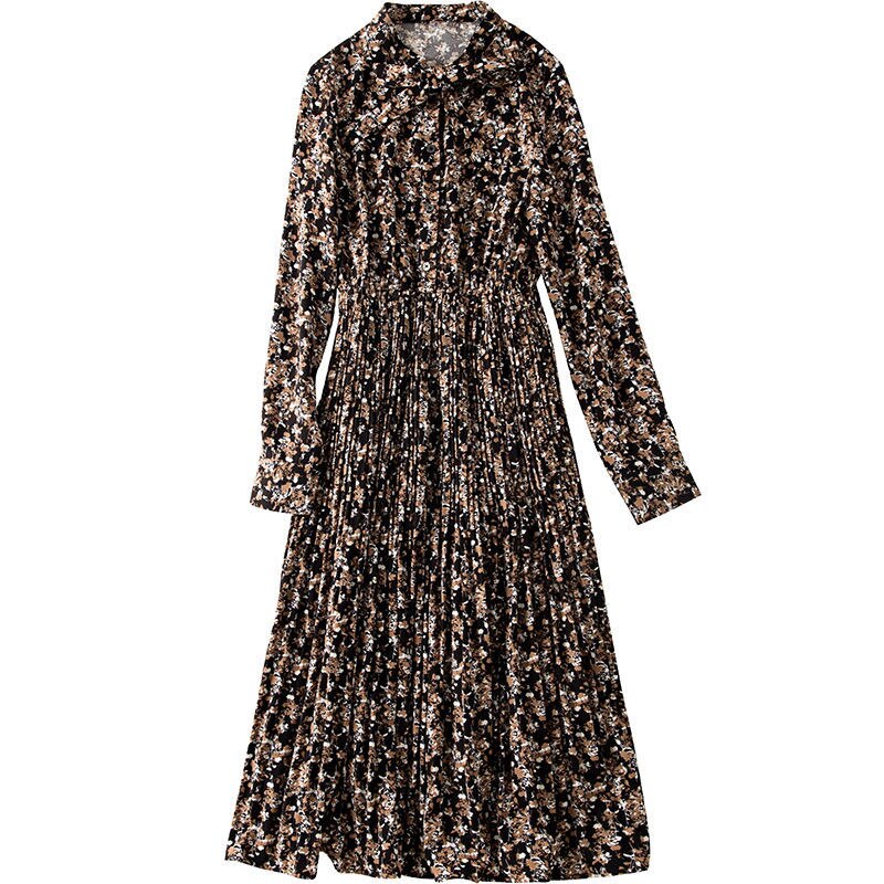 فستان شيفون منقوش عليه زهور فستان خريفي نسائي 2022 نمط جديد الخصر يظهر مزاجه النحيف ضوء عتيق مطبوخ الرياح تنورة طويلة بطيات