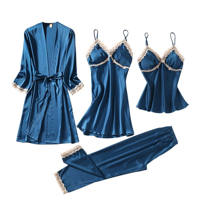 4pc  Silk Robe Sleep Suit Women'S Lace Chiffon Satin Pajamas Gown Set V-Neck Night Wear Pajama Home Nightwear Nightdress