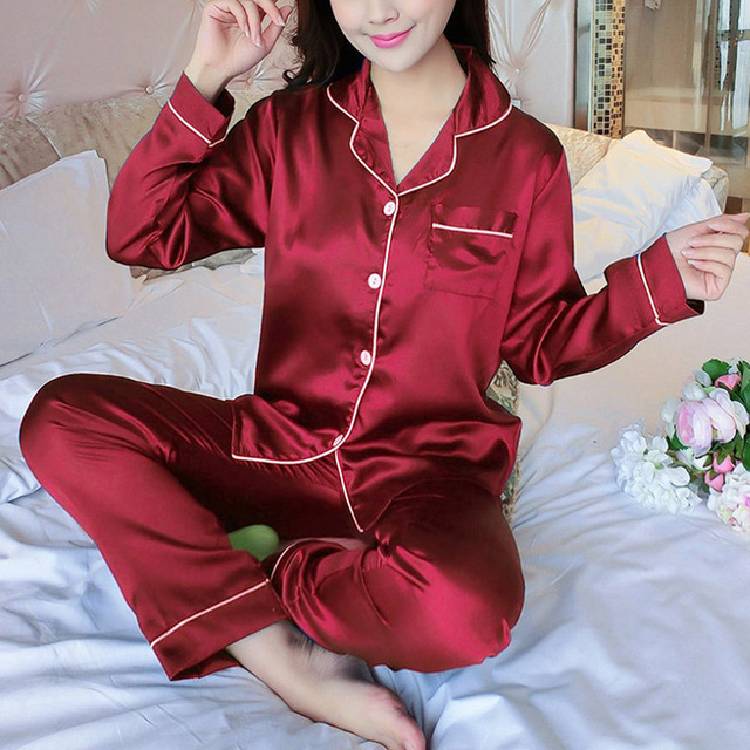 2PCS Pajamas Sets Women Lapel  Silk Long Sleeve Home Wear Ladies Mujer Satin Tops+Pants Nightgown Sleepwear Autumn