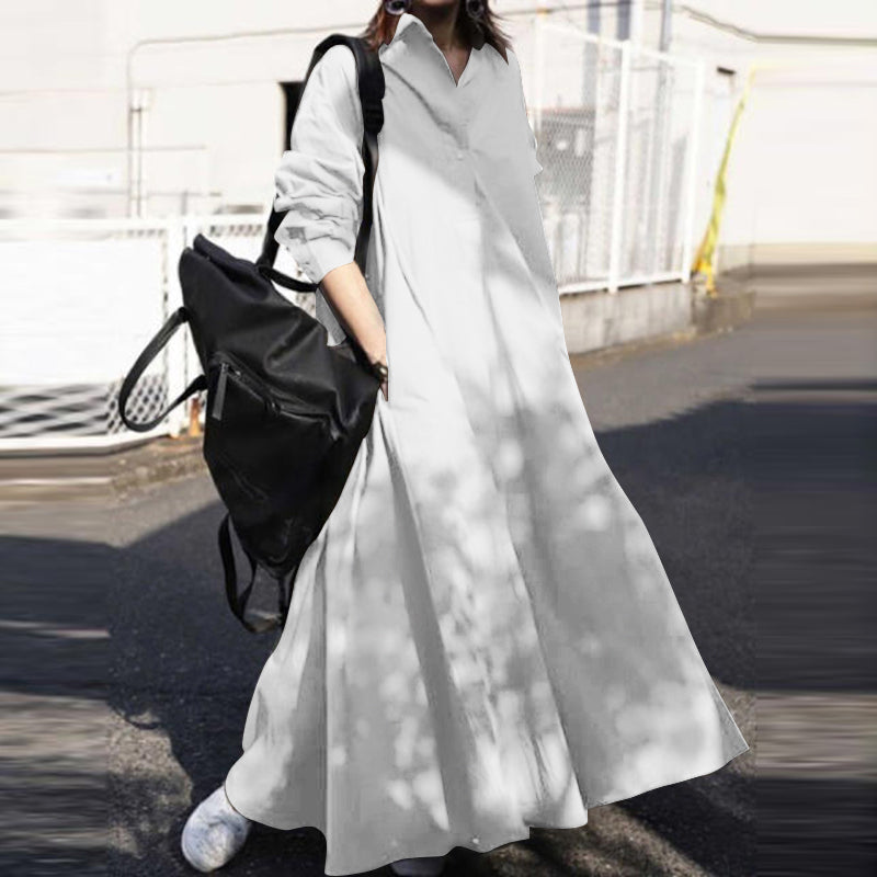 ZANZ women's European and American style solid color simple temperament literary shirt skirt lapel button pocket fashion loose casual long-sleeved large  dress large size