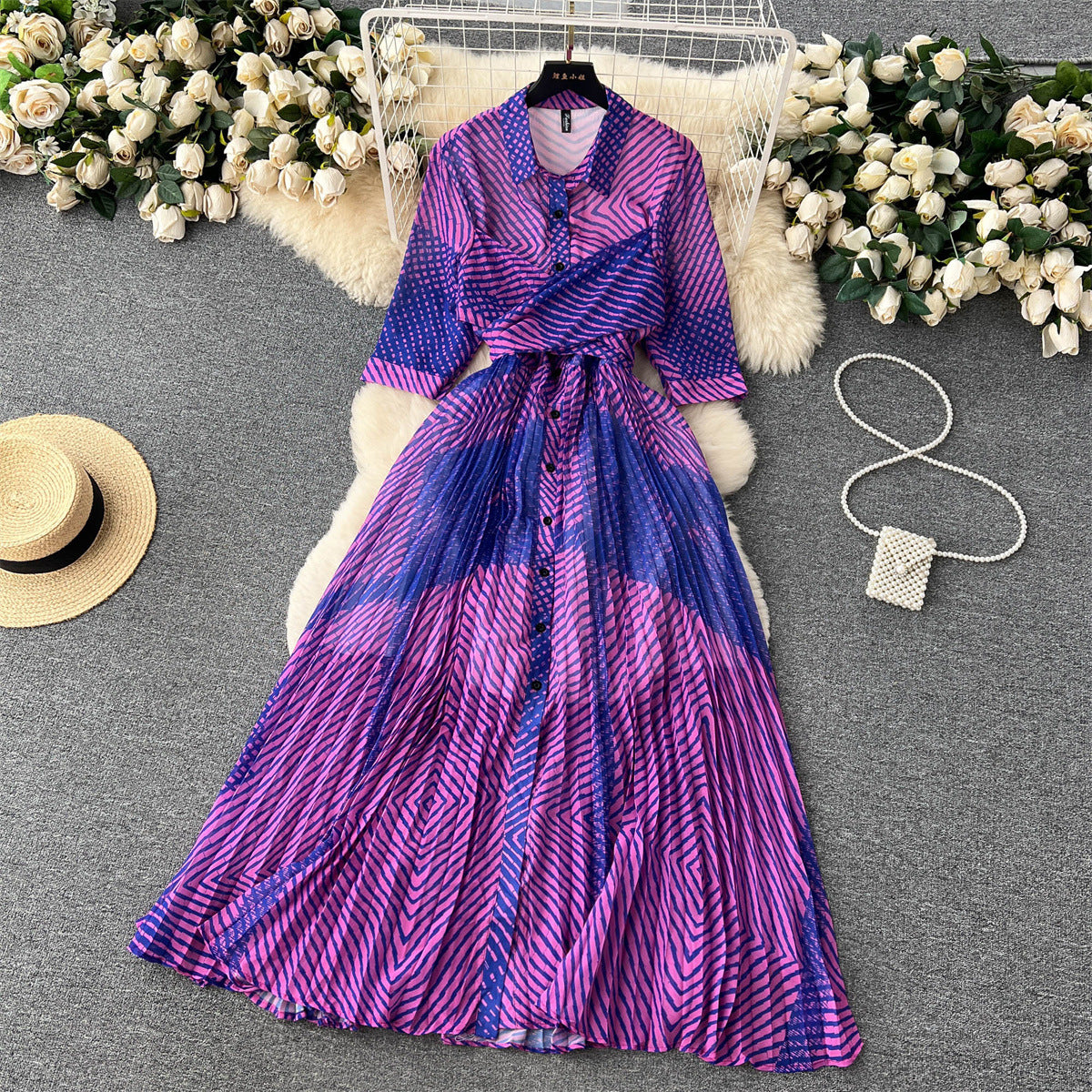 French style high-end five-quarter-sleeve printed color-blocking shirt dress female niche waist slimming temperament pleated long skirt